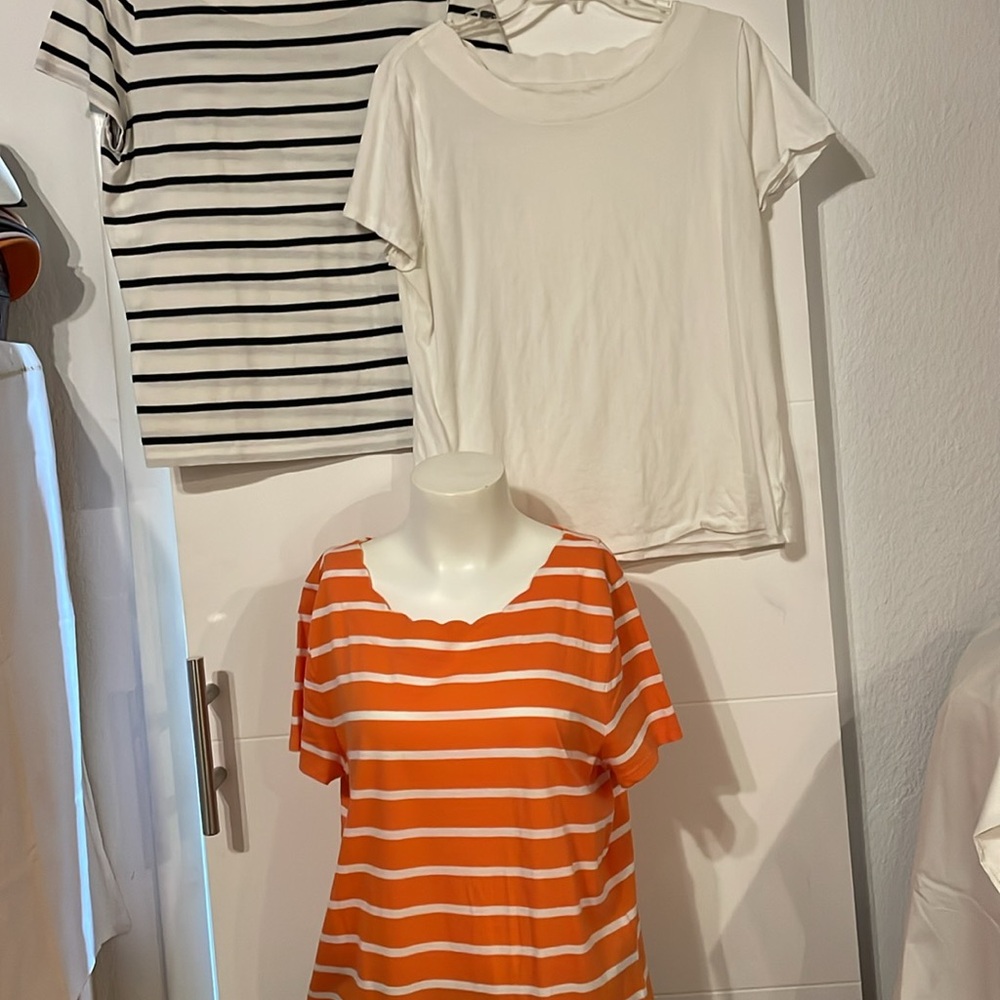 SET of 3 Talbots Tee, Women’s L, scalloped neck: Orange Black White striped